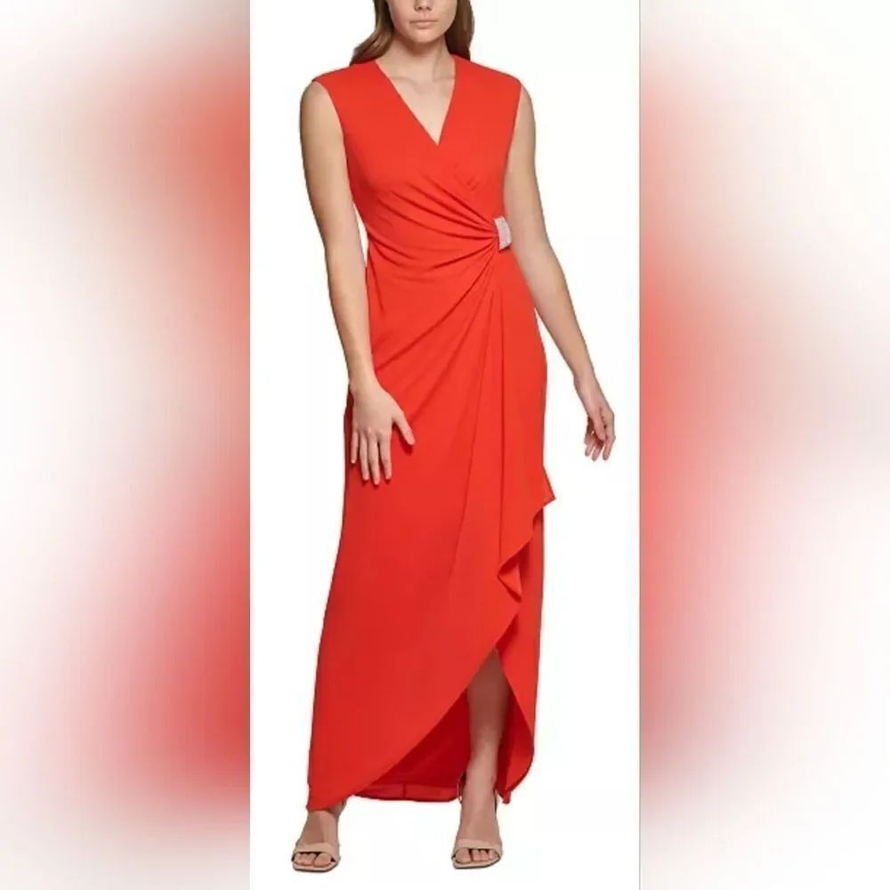 CALVIN KLEIN Scuba-Crepe Faux-Wrap Gown Embellished NWT size 4 red